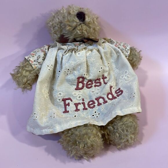 Beige/Tan Classic Curly Teddy Bear with Embroidered Dress w “Best Friends”8” EUC - Picture 2 of 7